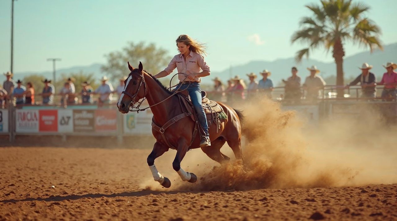 AI illustration: Teenage rodeo competitor roping a calf in a dirt arena at the Adams County Fairgrounds in Hastings