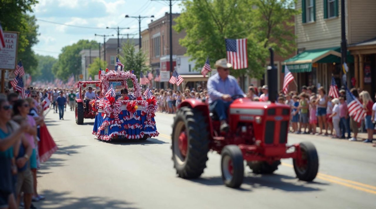 AI illustration: A small town Fourth of July parade with flags and floats on a sunny main street in Nebraska