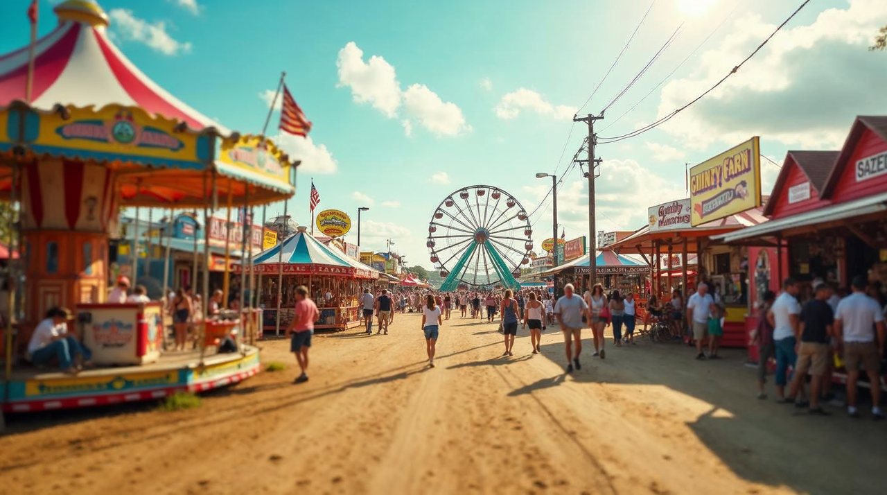 AI illustration: Carnival rides and livestock barns at a county fair in Nebraska on a bright summer evening