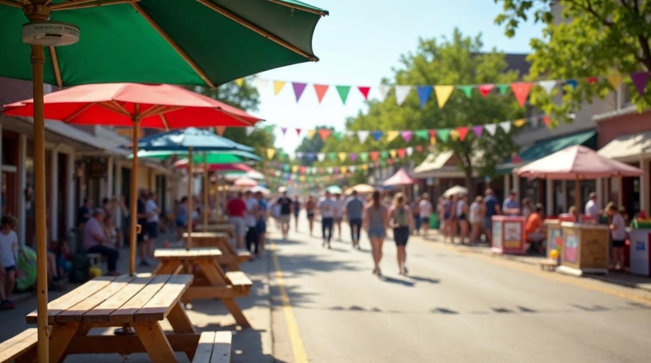 AI illustration: Families gathered at a small town street festival with picnic tables and games in Nebraska
