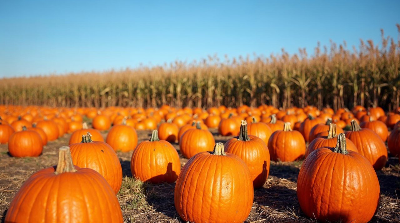 AI illustration: Orange pumpkins in a field next to a tall corn maze on a bright autumn day in Nebraska
