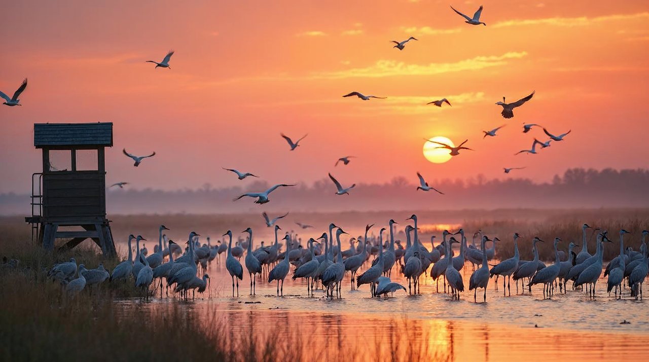 AI illustration: Thousands of sandhill cranes standing in the shallow Platte River at sunrise near Kearney