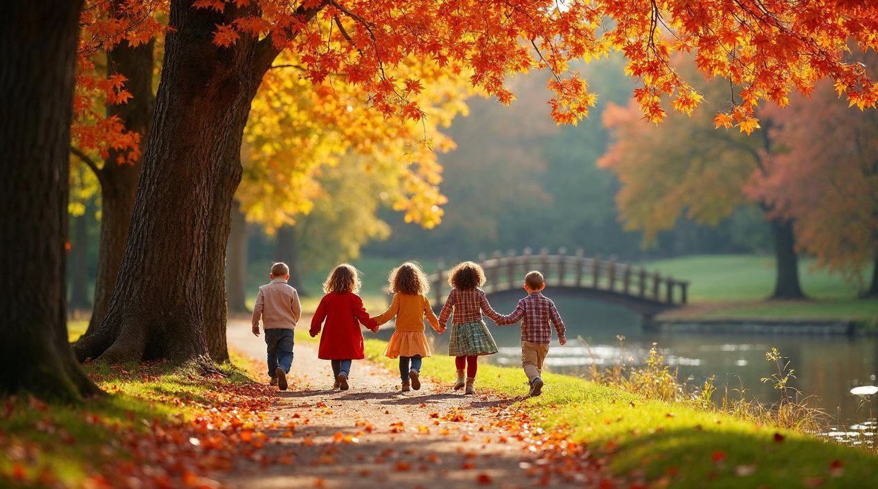 AI illustration: Children in bright costumes exploring a park trail among autumn trees in Kearney