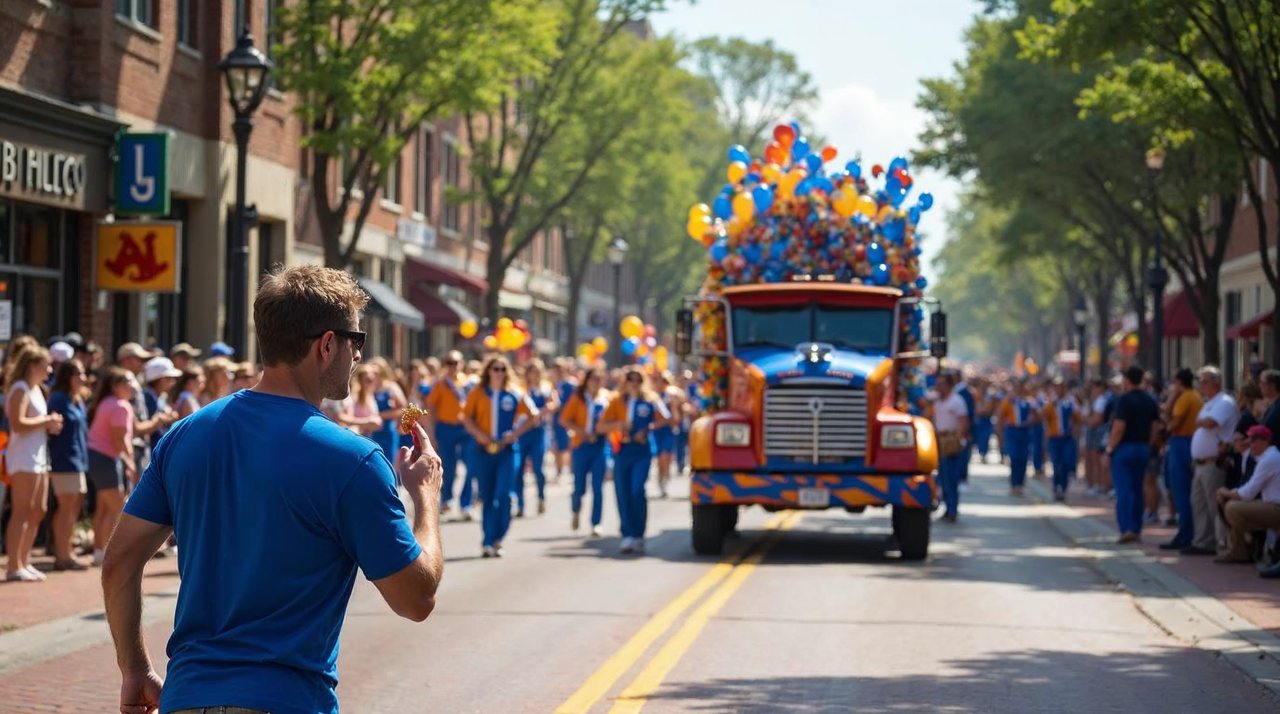AI illustration: Colorful parade floats and a marching band moving down a Kearney downtown street