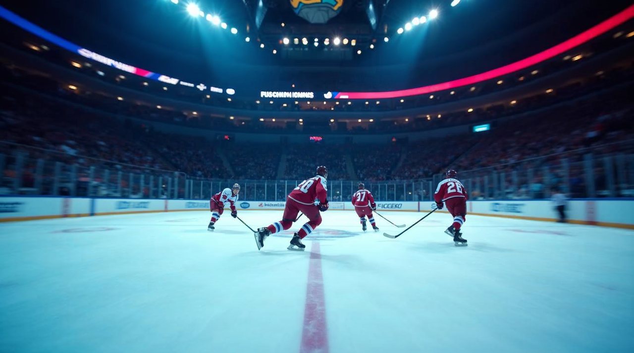 AI illustration: Hockey players skating on a bright indoor ice rink in a Nebraska arena