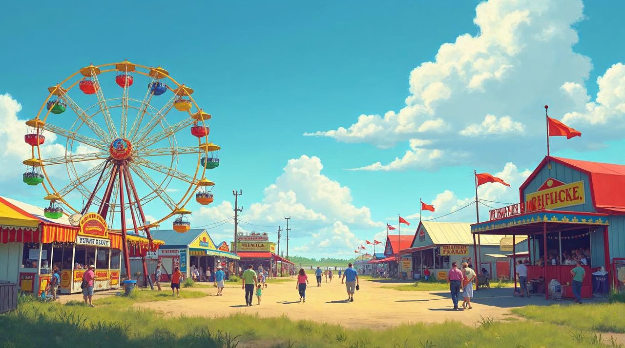 AI illustration: Carnival rides and livestock barns at the Dawson County Fair under a bright summer sky