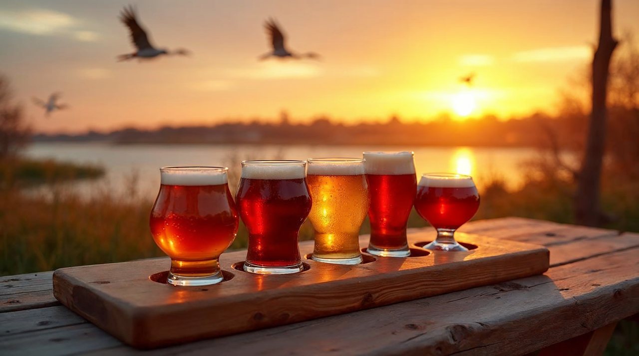 AI illustration: Glasses of craft beer and wine on a table with sandhill cranes flying over the Platte River