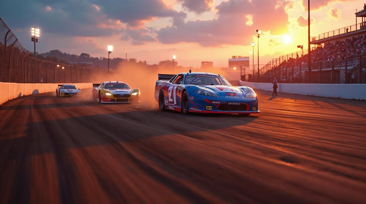 AI illustration: Stock cars racing around a dirt oval track at Dawson County Raceway at dusk