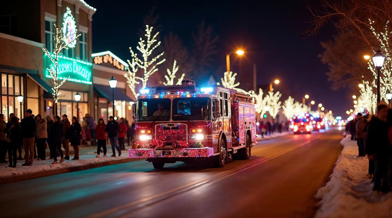 AI illustration: Lit-up fire truck and holiday lights on a downtown Lexington street at night