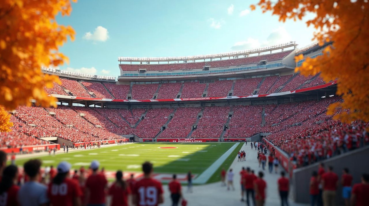 AI illustration: Fans in red walking toward a large college football stadium in Lincoln on a bright autumn day
