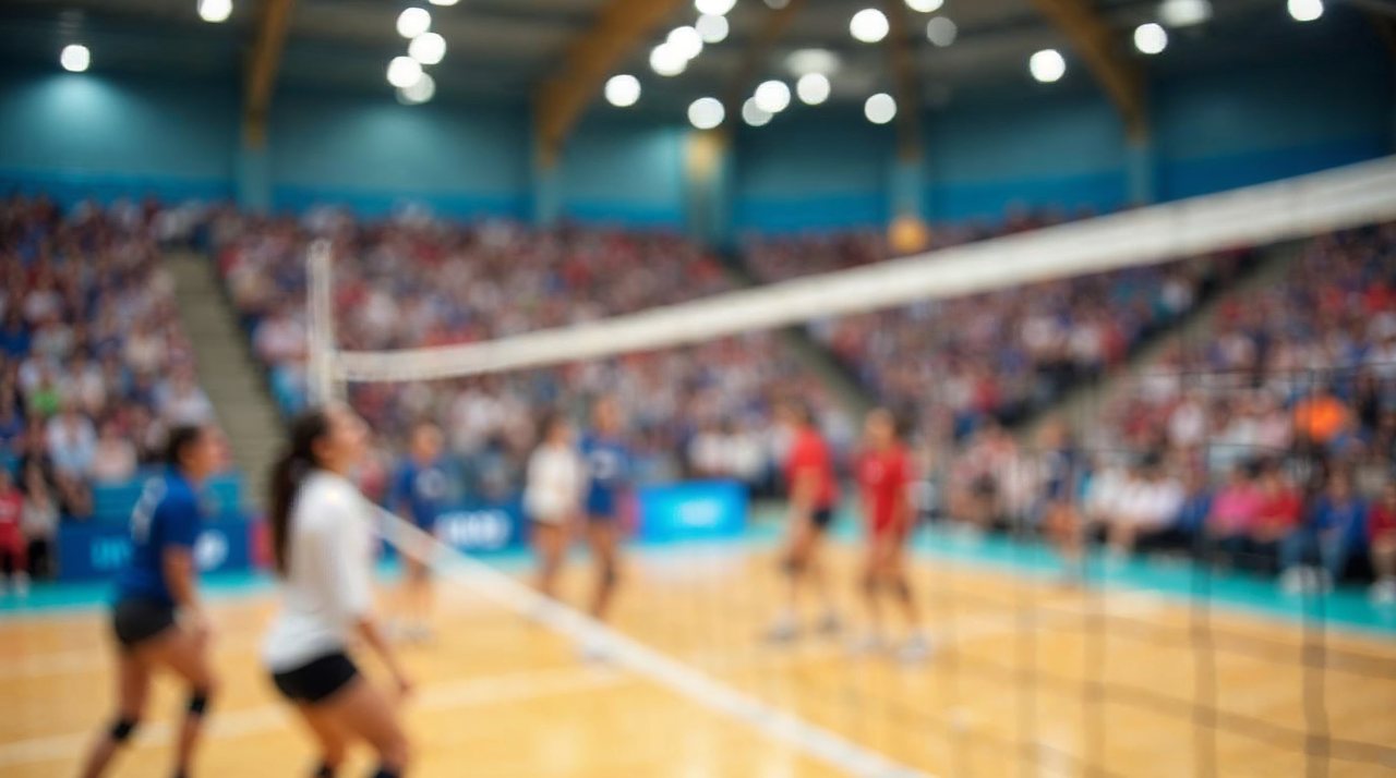 AI illustration: High school volleyball players leaping at a net inside a bright indoor arena in Lincoln