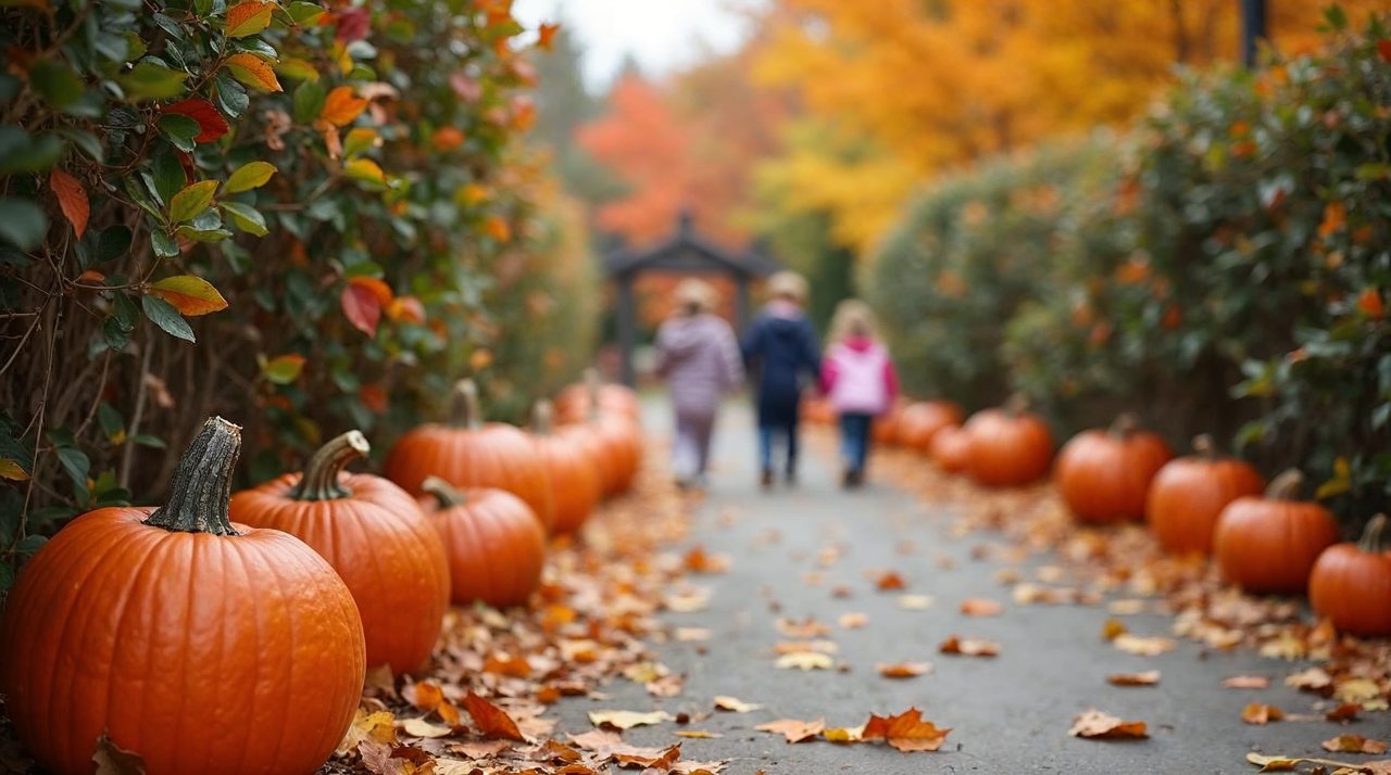 AI illustration: Children in Halloween costumes walking past pumpkins and fall decorations at a Lincoln zoo