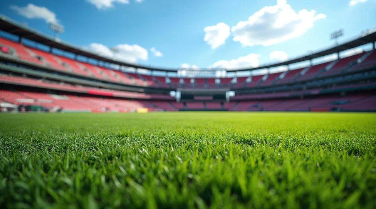 AI illustration: A green baseball field with red seats and city buildings behind it on a clear afternoon in Lincoln