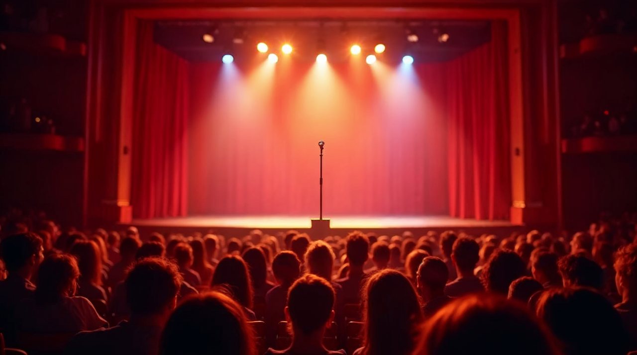 AI illustration: Audience seated in a theater in Norfolk Nebraska watching a comedian on a bright stage
