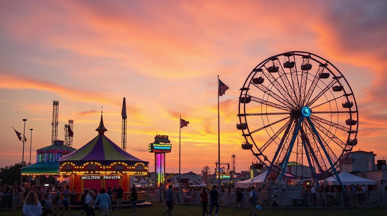 AI illustration: Carnival rides lit in bright colors at the Madison County Fair in Nebraska at sunset