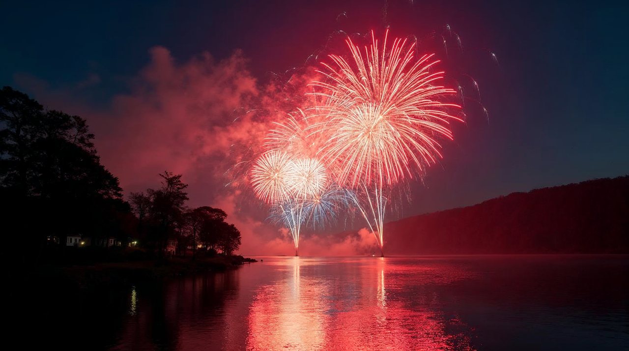 AI illustration: Colorful fireworks bursting over Skyview Lake in Norfolk Nebraska at night