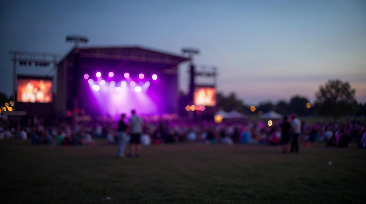 AI illustration: Outdoor concert stage with colorful lights and a crowd at Divots in Norfolk Nebraska
