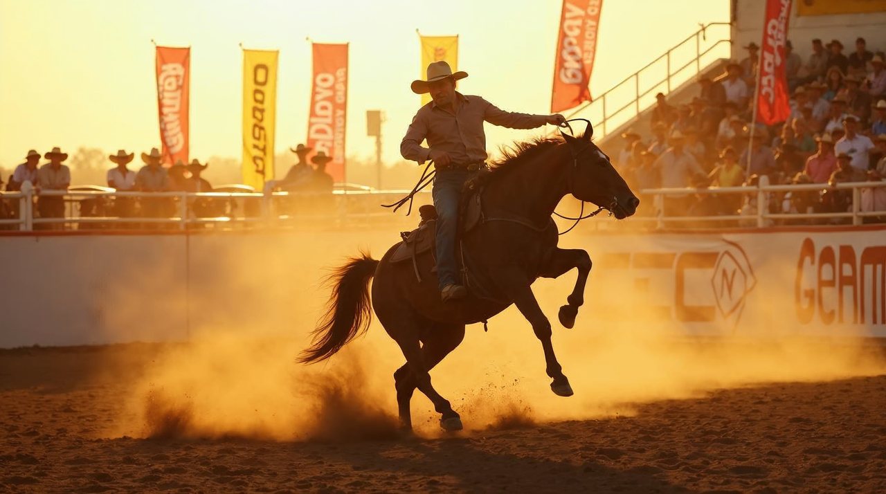 AI illustration: Cowboy riding a bucking horse in a rodeo arena at sunset in Nebraska