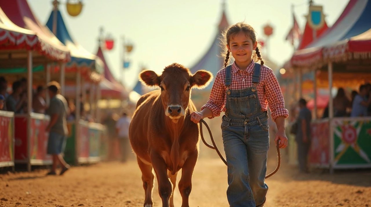 AI illustration: Children leading a calf through a bright county fair barn with colorful stalls