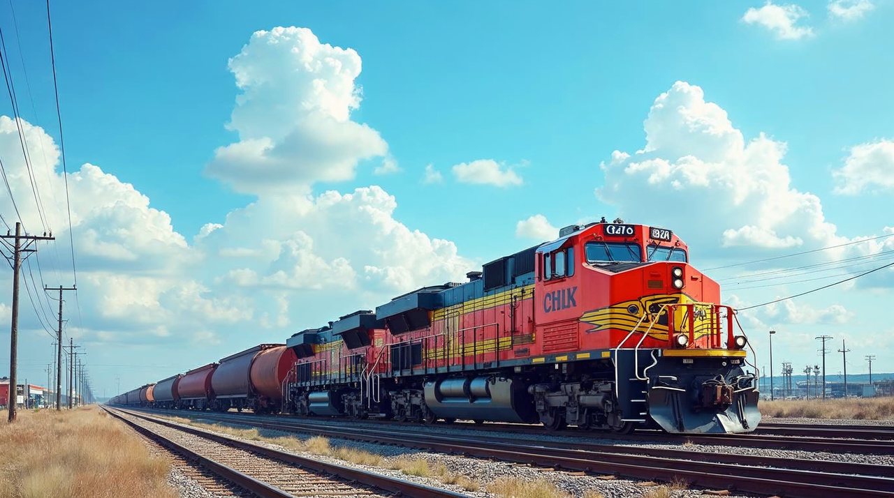 AI illustration: Long freight train passing a colorful rail yard under a bright blue sky