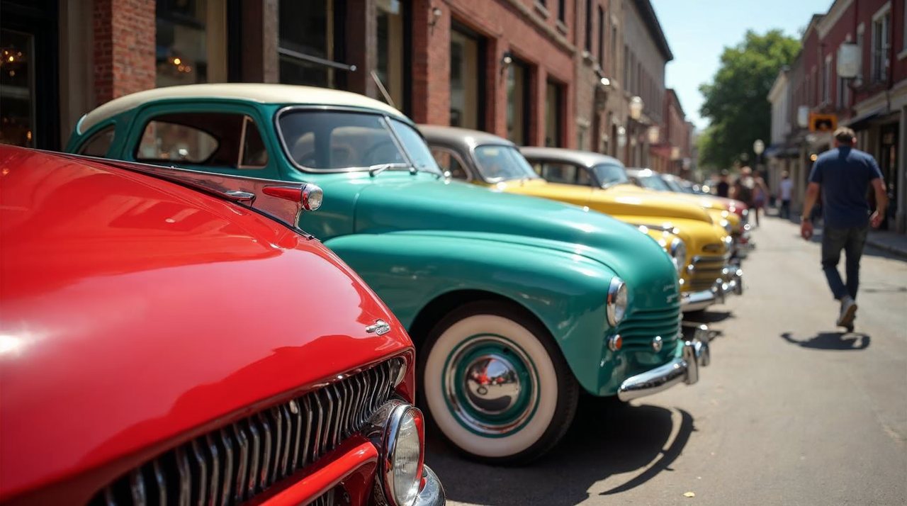 AI illustration: Rows of shiny classic cars parked on a sunny North Platte street at a car show