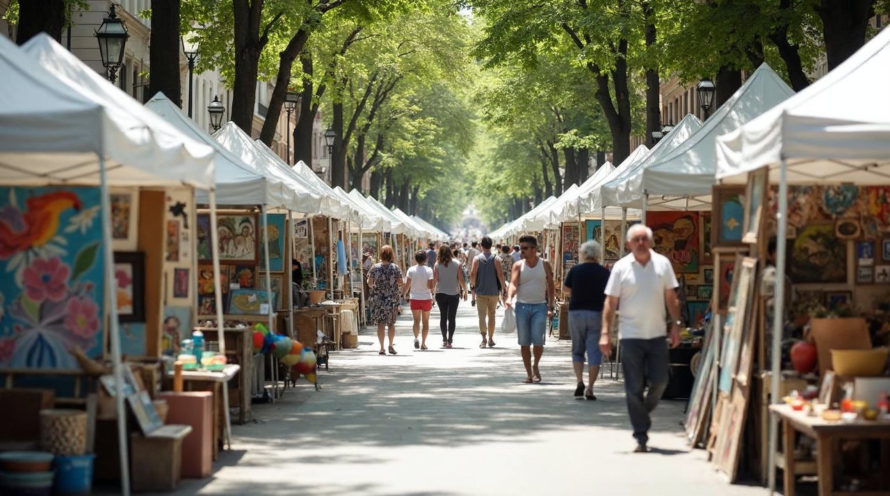 AI illustration: Rows of white artist tents with colorful paintings and pottery on a sunny Omaha street