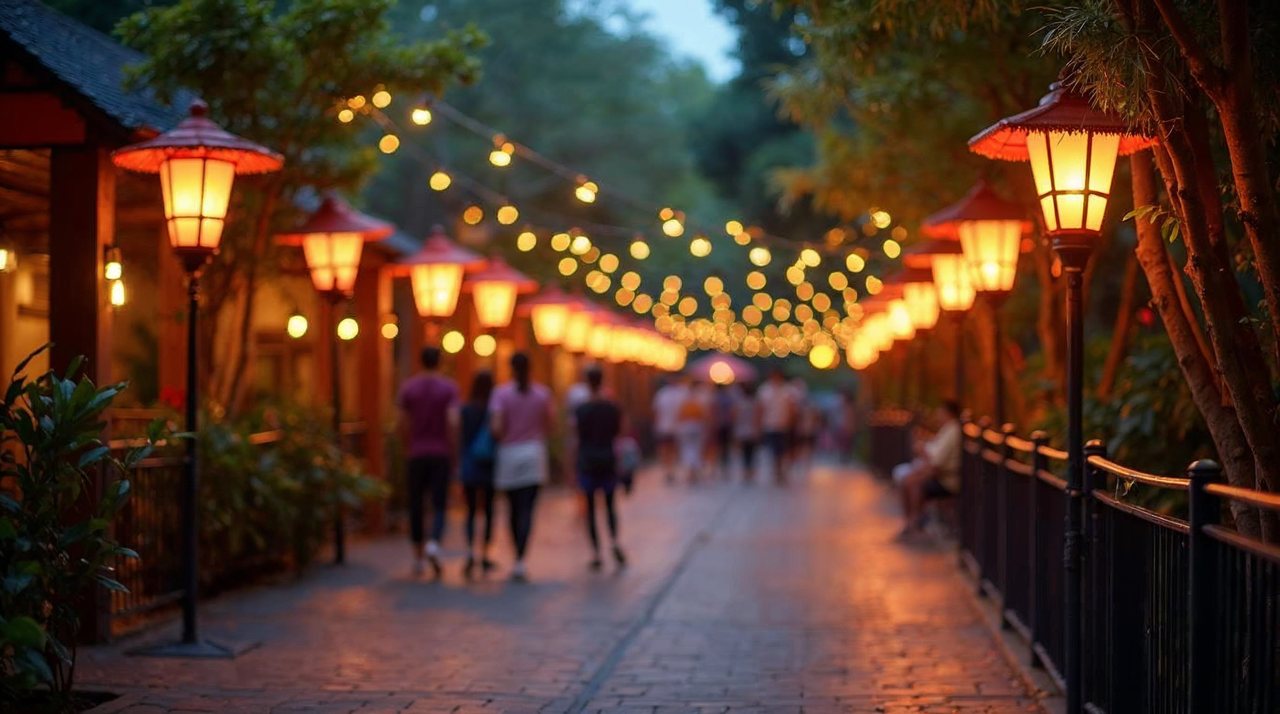 AI illustration: Glowing evening scene at a large Omaha zoo with colorful lights along a tree lined walkway