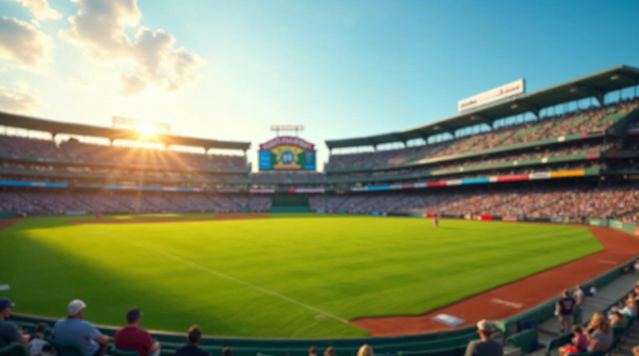 AI illustration: A minor league baseball park near Omaha glowing in warm evening light with a green field
