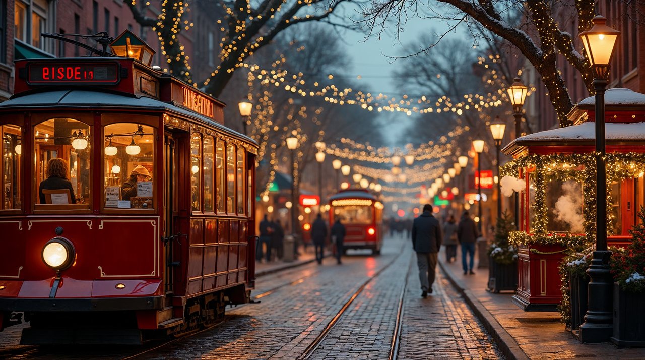 AI illustration: Historic downtown Plattsmouth street glowing with Christmas lights as a trolley and costumed characters pass