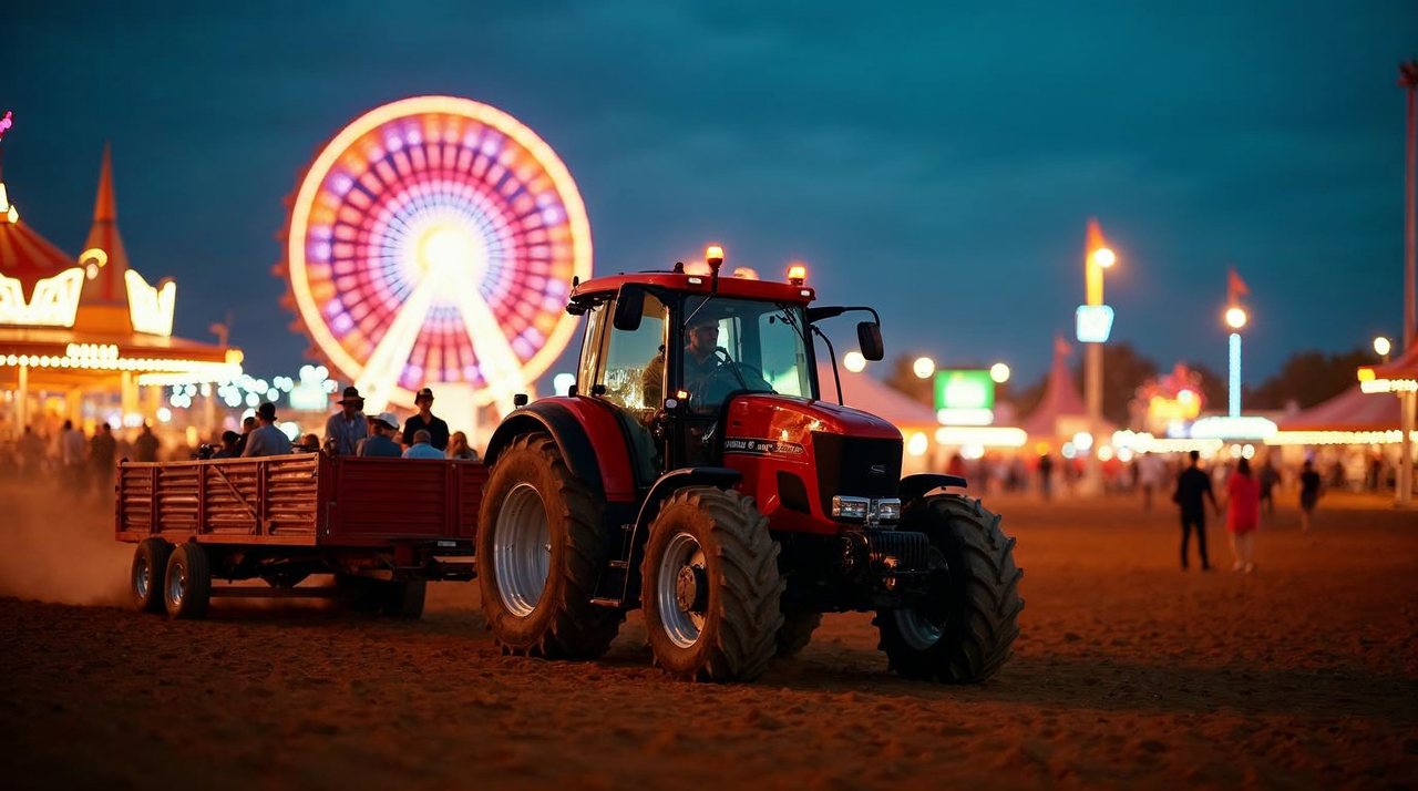 AI illustration: Truck and tractor pull with a carnival Ferris wheel glowing behind it at the Cass County Fair
