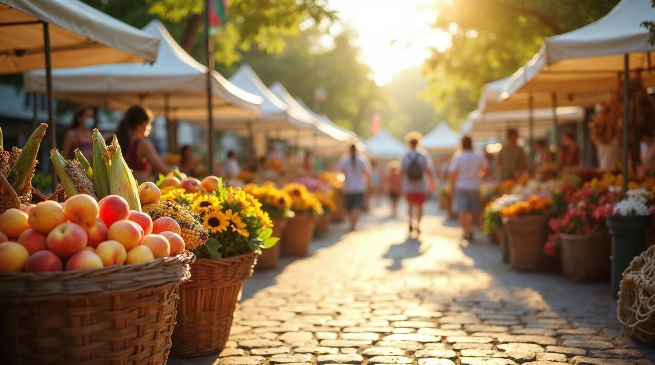 AI illustration: Vendors and shoppers at colorful market tables of produce and handmade goods on a summer Saturday in Plattsmouth