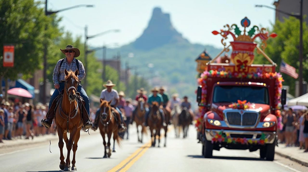 AI illustration: Colorful small town parade with floats and families lining a sunny Nebraska street