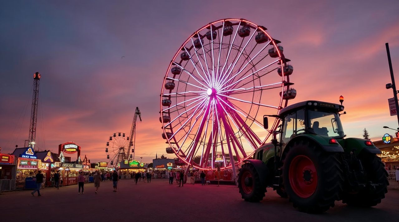 AI illustration: Bright carnival ride and fairgrounds at dusk during a county fair in western Nebraska