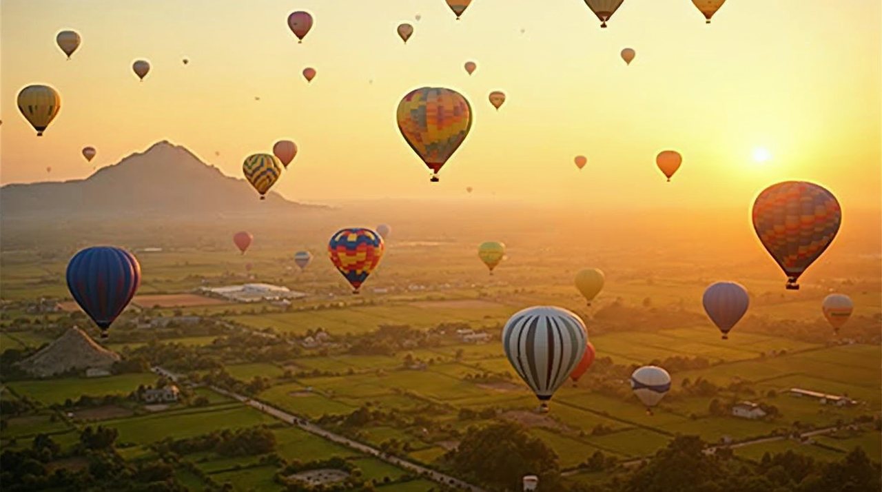 AI illustration: Many colorful hot air balloons rising over the Nebraska Panhandle at sunrise