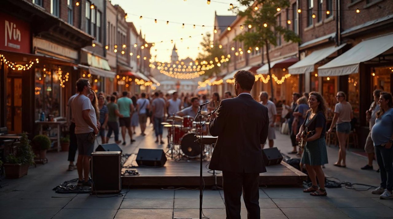 AI illustration: Live band playing on an outdoor stage in a downtown plaza on a summer evening
