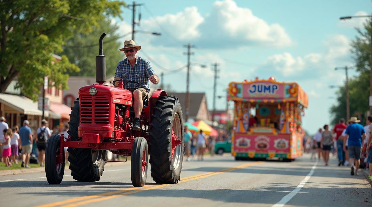 AI illustration: Colorful county fair parade with tractors and floats on a South Sioux City street