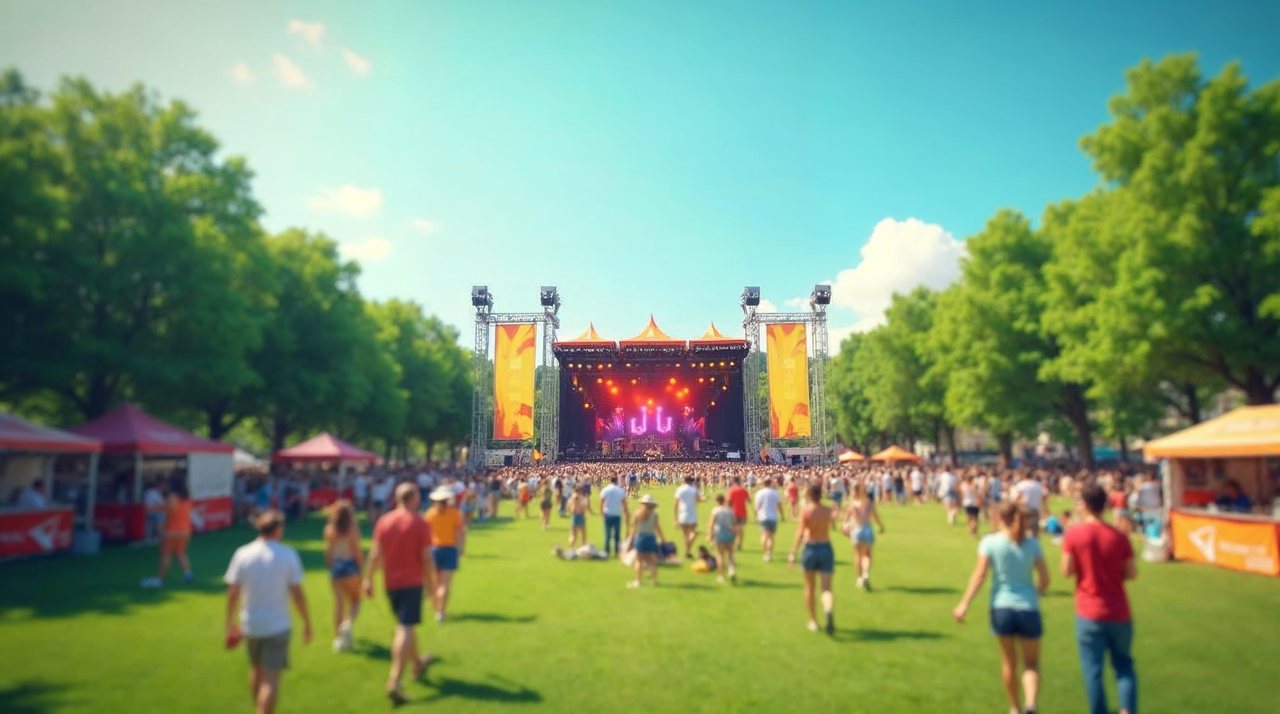 AI illustration: Large outdoor music festival crowd near a bandshell in a park on a sunny summer day