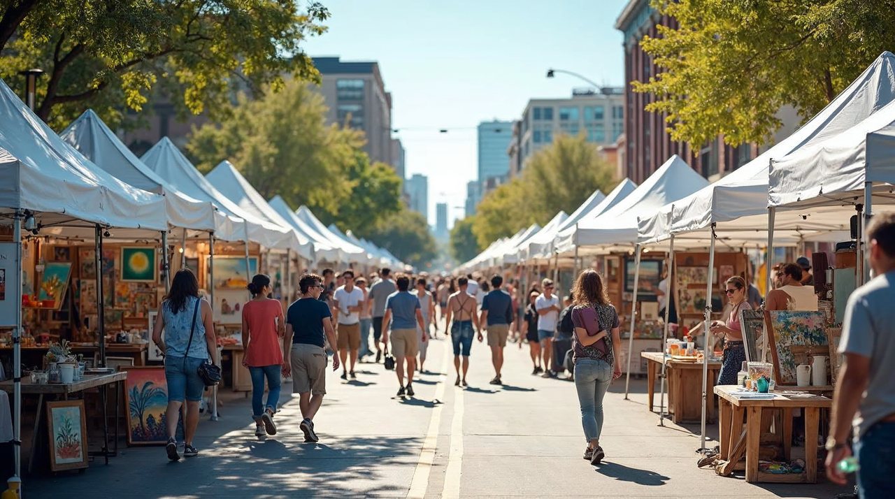 AI illustration: Artists tents lining a downtown street with colorful paintings and pottery on display