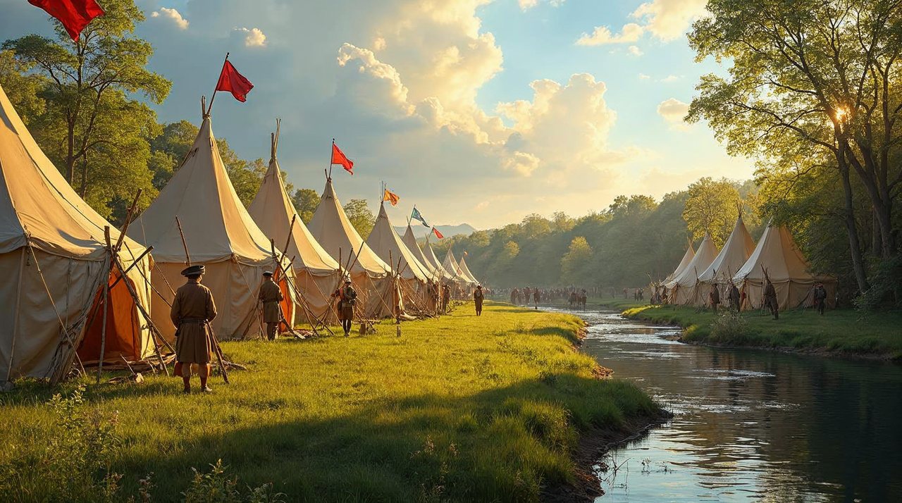 AI illustration: Historic canvas tents and flags of an 1804 expedition camp beside a river