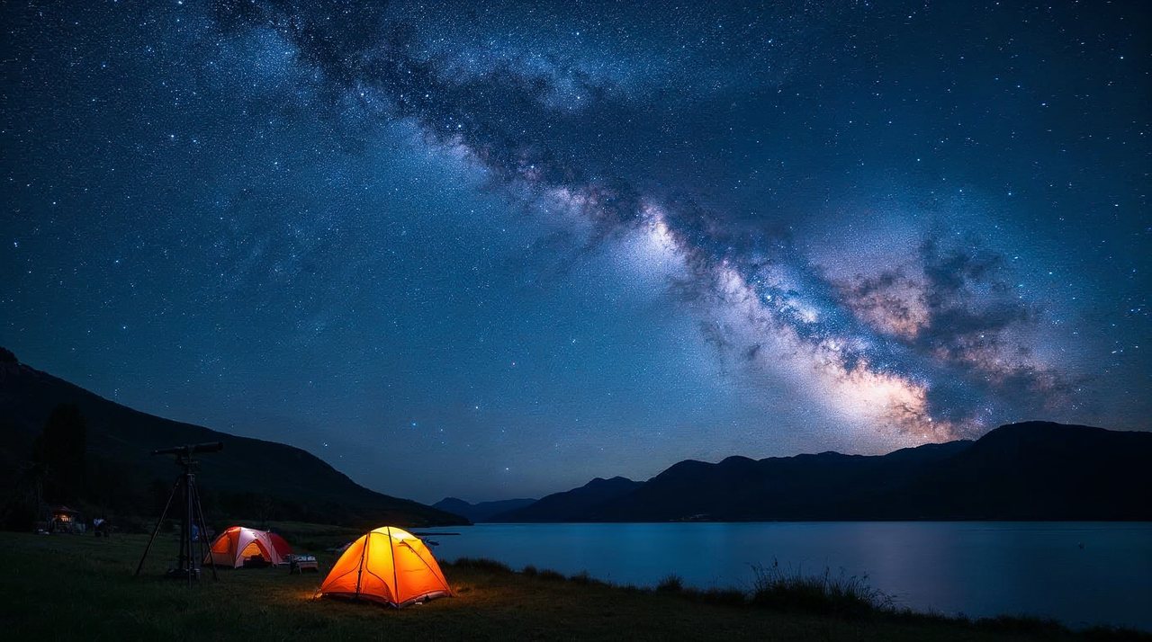 AI illustration: The Milky Way glowing over tents and a calm lake under a dark Nebraska sky