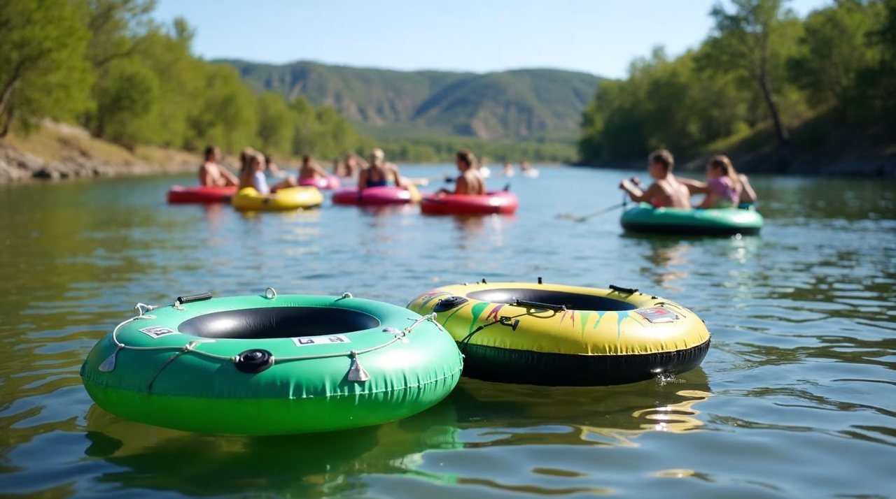 AI illustration: Colorful inner tubes floating down the clear Niobrara River past green bluffs