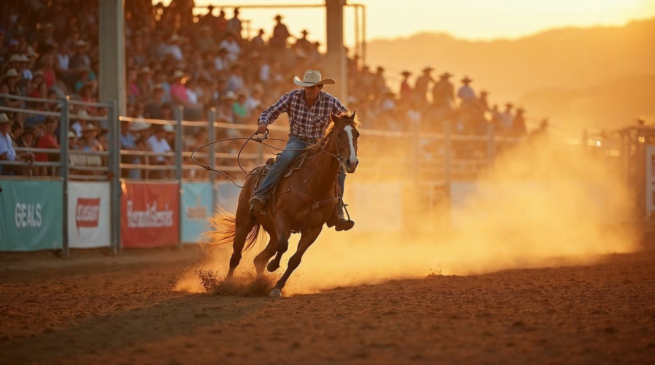AI illustration: A cowboy on a galloping horse roping a calf in a dusty rodeo arena