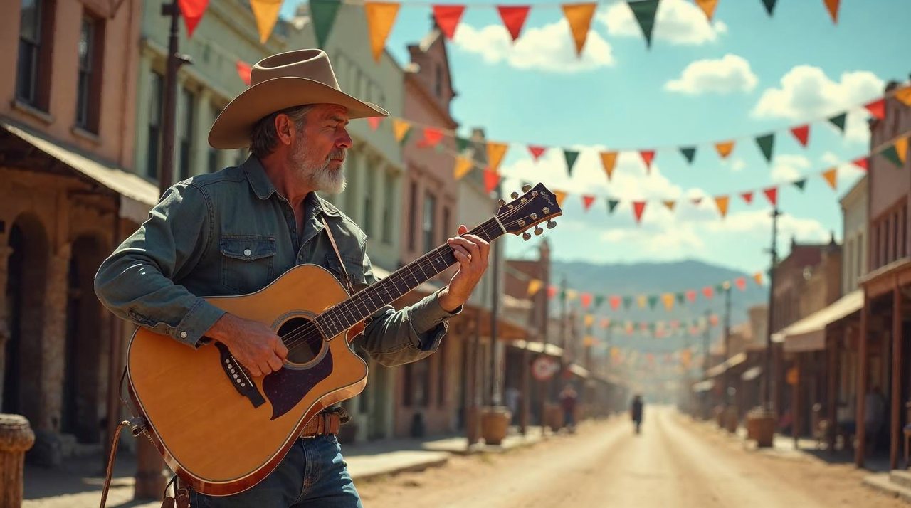 AI illustration: Western storefronts and a cowboy musician with a guitar on a sunny Main Street