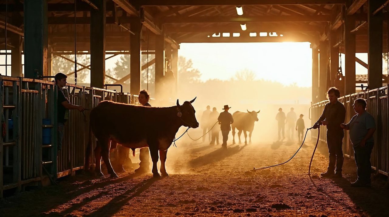 AI illustration: Young 4-H members showing animals in a bright barn at the York County Fair in Nebraska