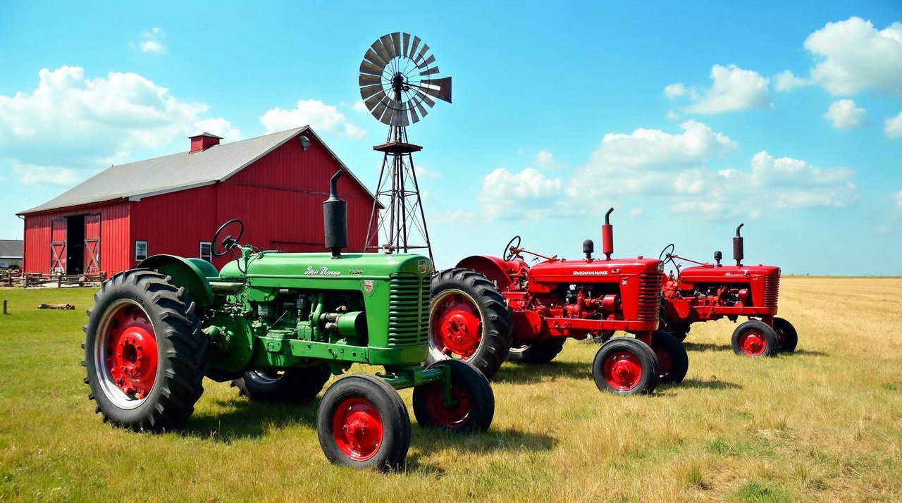 AI illustration: Restored antique tractors parked near a red barn and windmill at Wessels Living History Farm