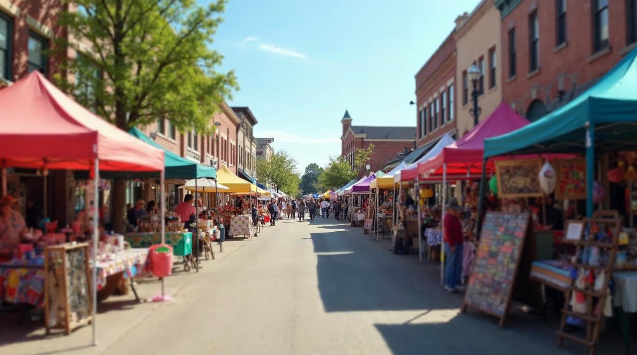 AI illustration: Vendor tents and visitors along a brick downtown street at Yorkfest in York Nebraska