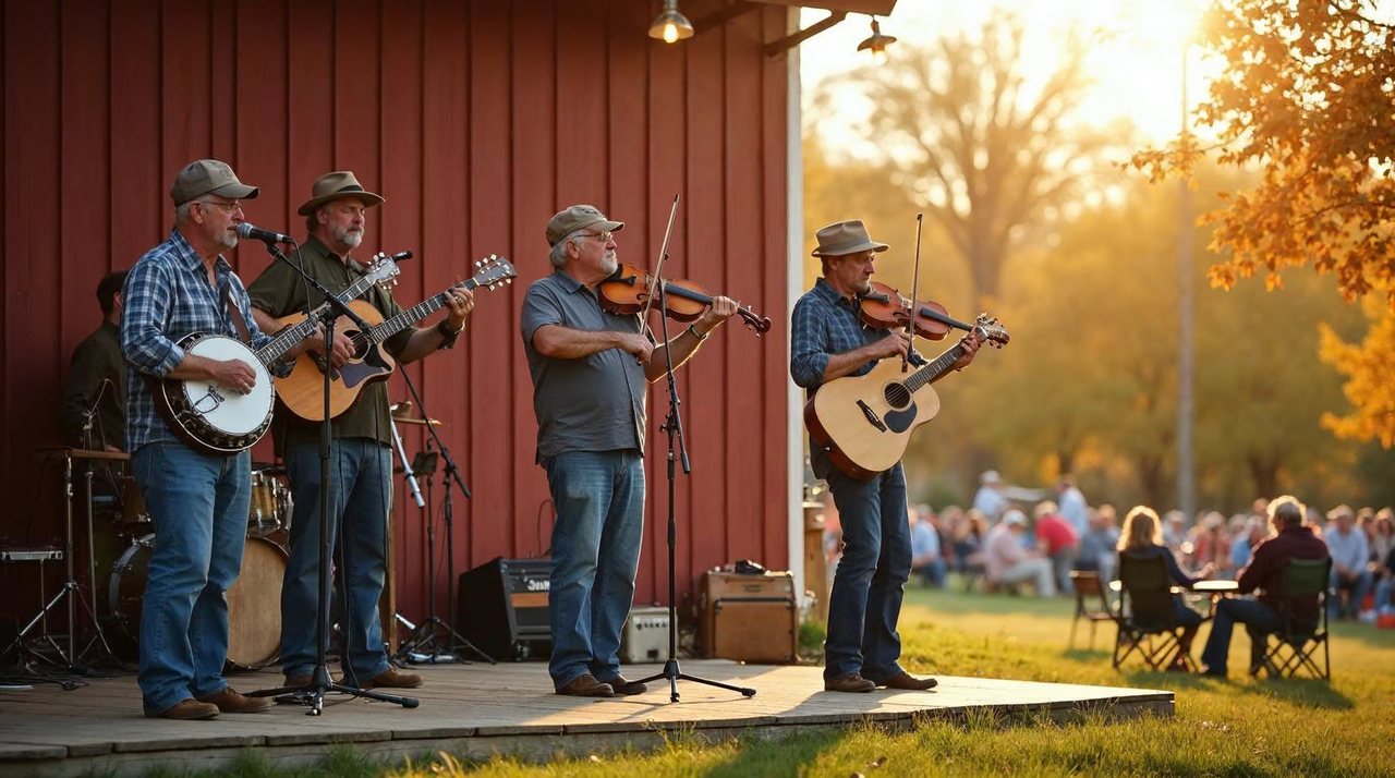 AI illustration: Bluegrass band playing on an outdoor stage beside a red barn at a farm festival in York Nebraska